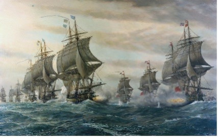 A painting of French and British ships fighting at the Battle of the Chesapeake off Yorktown in 1781