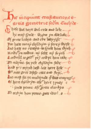 An image of an ancient document, the Halliwell Manuscript, with red and black handwriting depicting the first instance of “So Mote it Be”