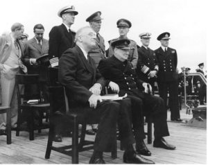 President Roosevelt and Winston Churchill sit together at Atlantic Charter meeting