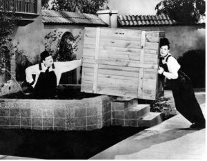 A photo of Laurel and Hardy in The Music Box