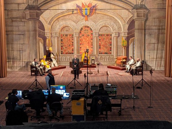 A picture of the Scottish Rite actors and production crew filming
