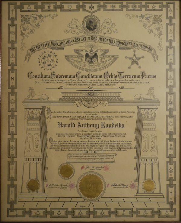 Brother Knapp's Grandfather's Scottish Rite, Southern Masonic Jurisdiction Certificate Dating Back to 1948