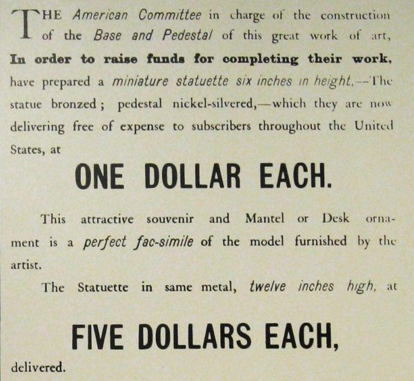 An ad in the New York World soliciting donations to fund the Statue of Liberty