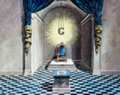 A drawing showing the Letter “G” hanging on the wall of a Masonic lodge
